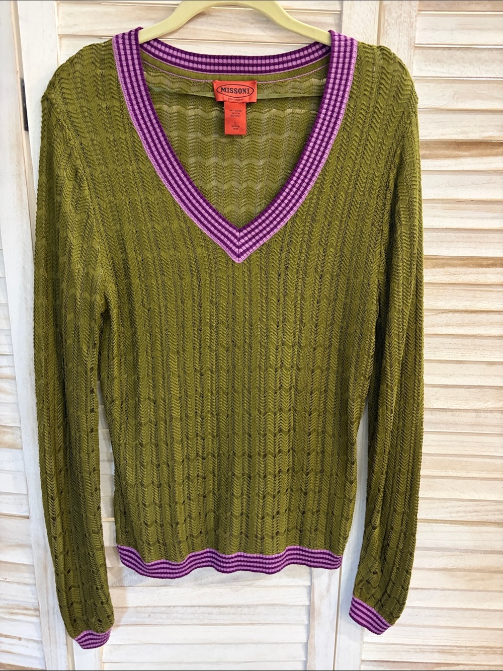 Missoni For Target Olive Green V-Neck Sweater with Purple Trim